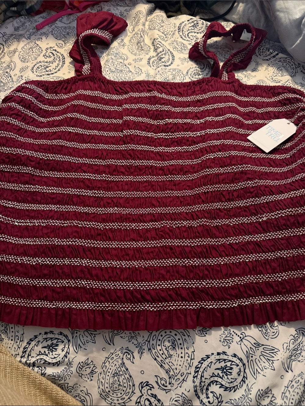 Time and Tru Burgundy and White Striped Smocked Tank Top
